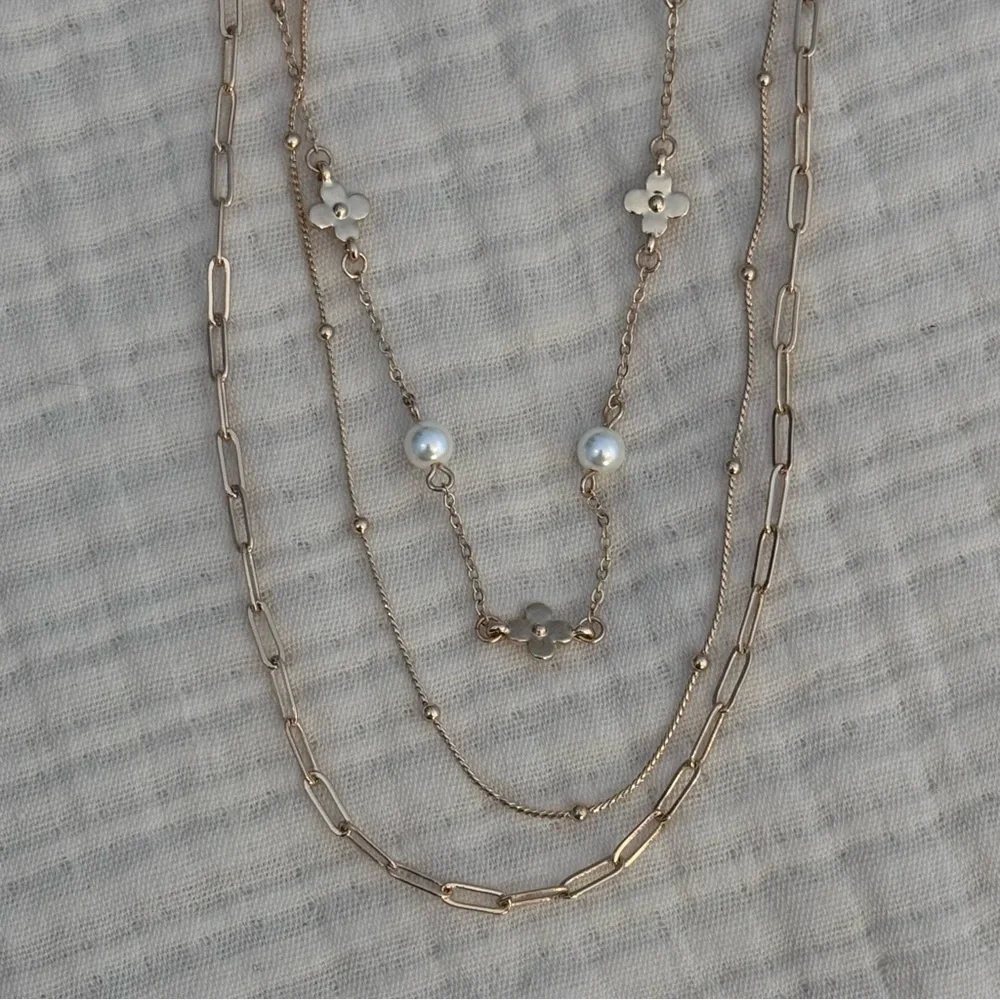 Gold-Tone Multi-Layer Stacked Chain Necklace With Faux Pearls & Heart Charms - Picture 2 of 4